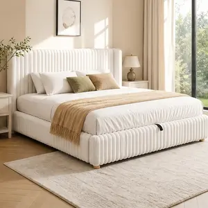 ARCH King Size Upholstered Bed Frame with Gas Lift Storage, Vertical Striped Rabbit Fur Fabric, Cream Beige Daybed with Hydraulic System, Solid Wood Slats, Silent No-Creak Mechanism, Modern Luxury Bedroom Furniture, Easy Assembly, Beige Color Options