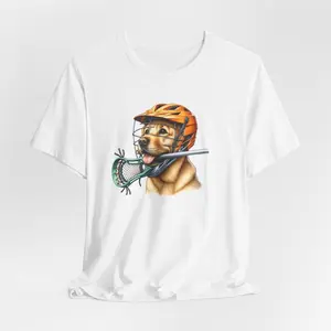 Lacrosse Tshirt, Yellow Lab Dog Lacrosse Shirt, Unisex Jersey Short Sleeve T-Shirt, Sports Fan Gift, Athletic Apparel, Dog Lover Tee Shirt
