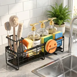 Extra Large Extendable Sponge Holder for Kitchen Sink Metal Material Rustproof Sink Caddy Organizer with High Brush Holder Dish Soap Dispenser Organizers and Storage Kitchen Countertop Organizers and Storage Essentials