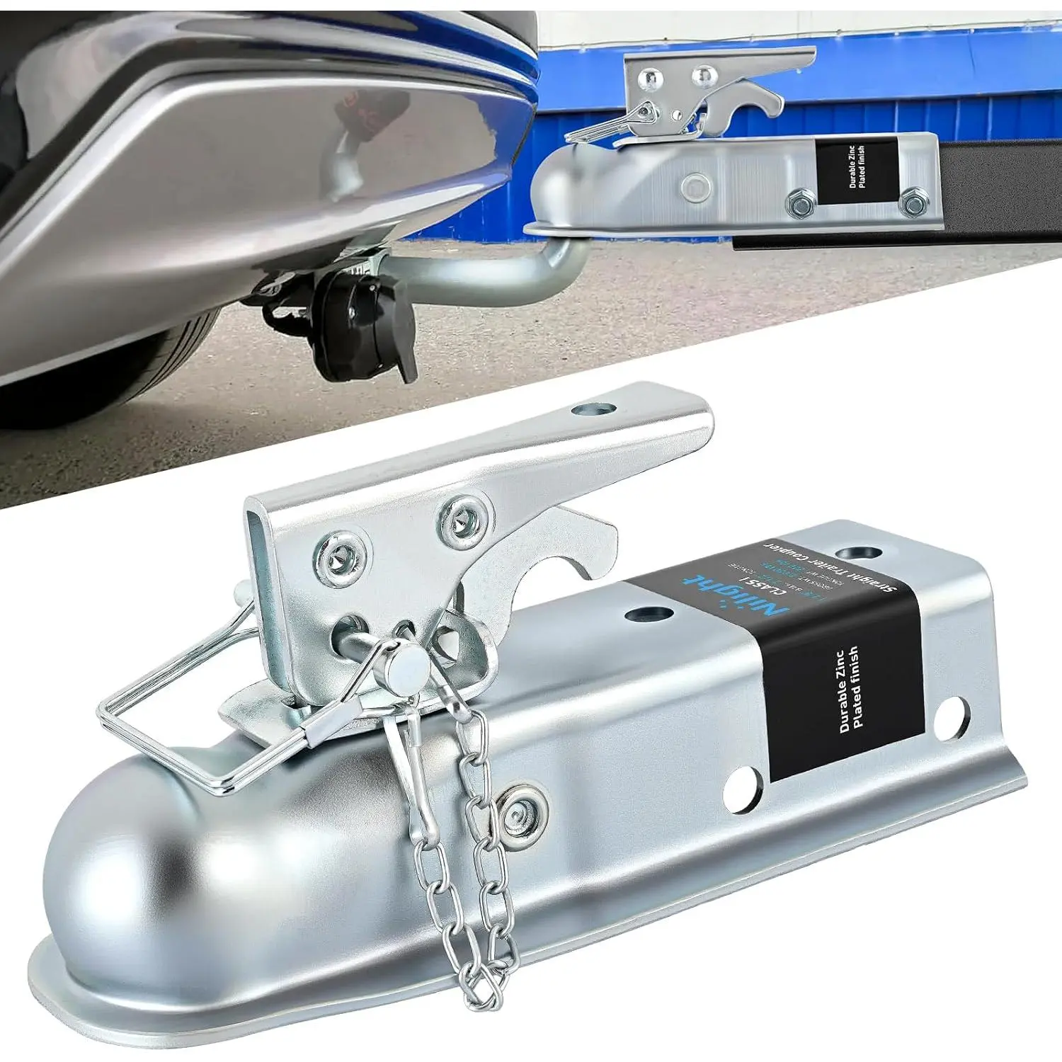 Nilight Straight Trailer Coupler with Double Protection Easy Lock System, Security Latch & Chain, 1-7/8 in Hitch Ball Fit, 2 in Channel, 2000 LBS Heavy Duty, Surface Finish, 2 Installation Methods (Bolted & Welded) for Trucks, Station Wagons, Trailers, Bo