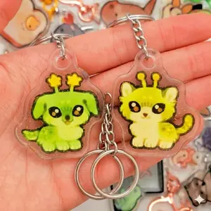Mini Alien Puppy and Kitty Keychains, Glitter Double-Sided Space Animal Charms, Cute Kawaii Dog and Cat Keychains