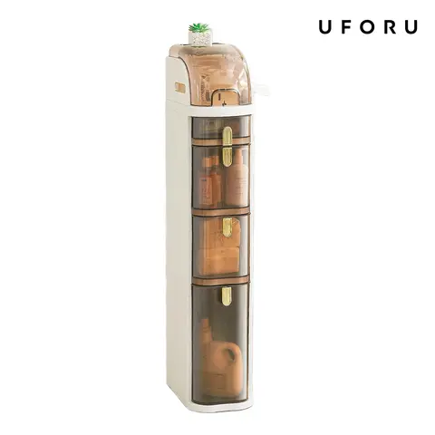 UFORU Ultra-thin bathroom locker, waterproof narrow bathroom locker, floor cabinet with wheels and toilet paper holder, suitable for small space, living room, bathroom, bedroom 2/3/4 floor,