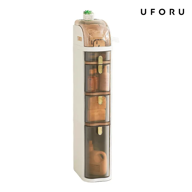 UFORU Ultra-thin bathroom locker, waterproof narrow bathroom locker, floor cabinet with wheels and toilet paper holder, suitable for small space, living room, bathroom, bedroom 2/3/4 floor,