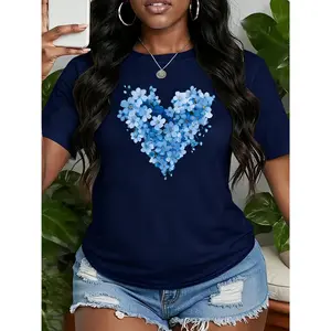 100% Pure Cotton Women's Fresh Floral Short Sleeve Top Blue Flower Cluster Heart Print Round Neck Suitable for Spring Summer Autumn Loose Casual Fashionable Commuting Daily Simple Friend Gathering Party Activity Best Friend Outfit Holiday Gift