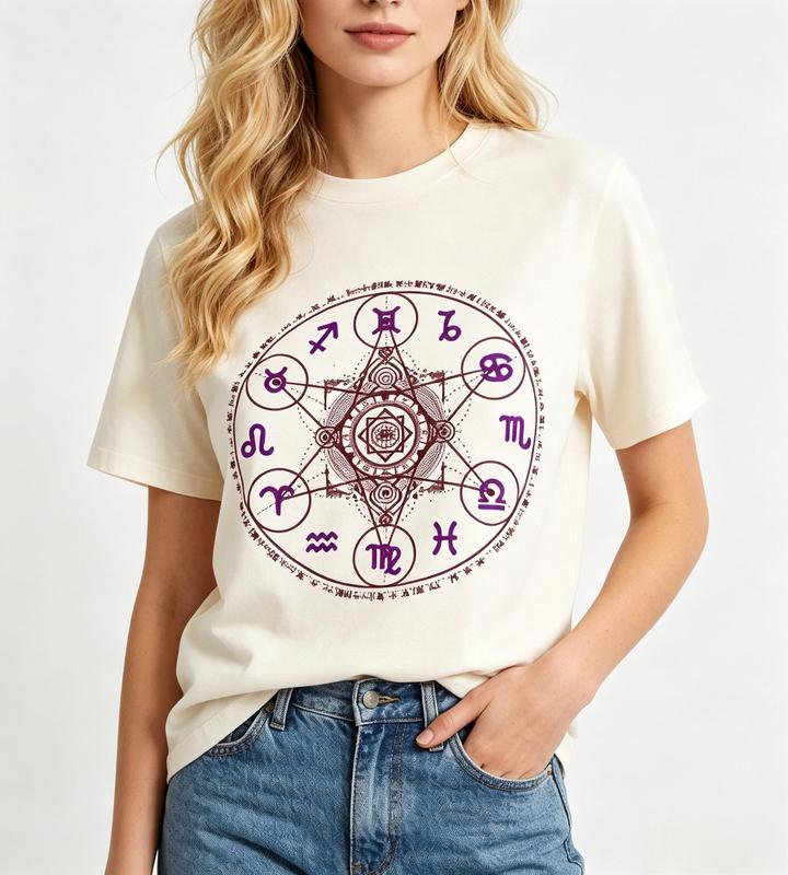 Women's Fitted 12 Zodiac Signs Astro Wheel Crew Neck T-Shirt - Beige, Mystical Constellation Graphic Print, Comfortable Fabric, Casual Short Sleeve Beach Top #sohochic