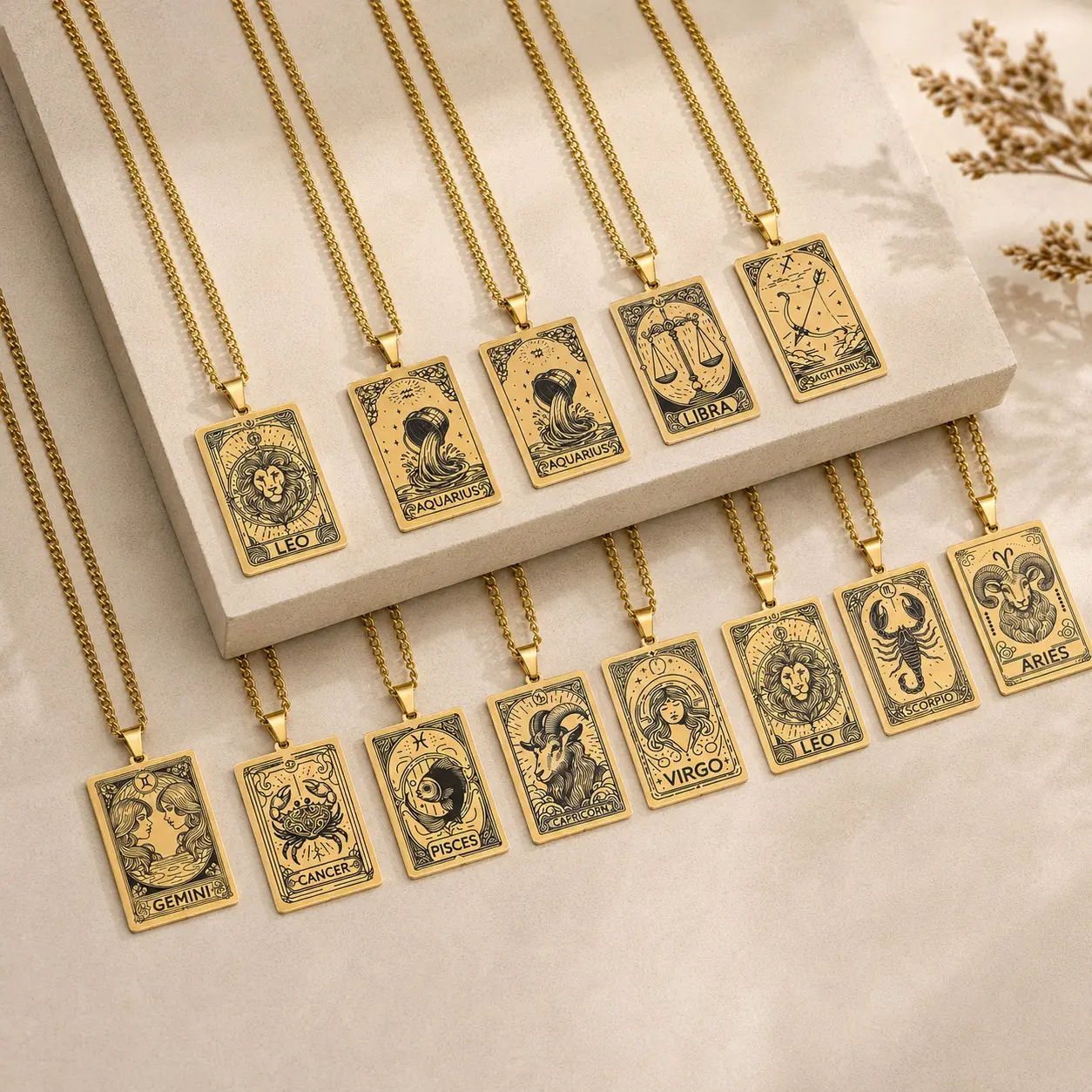 Unisex Zodiac Dog Tag Necklace - Gold-Tone Stainless Steel Rectangular Pendant with Black Zodiac Artwork, 12 Sign Options (Aries-Pisces), Vintage Tarot-Style Long Chain Costume Jewelry for Birthday Gifting
