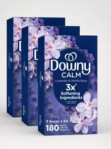 Downy Infusions Calm Mega Dryer Sheets, Lavender and Vanilla Bean Scent, 180 Count Fabric Softener Scented Fragrance