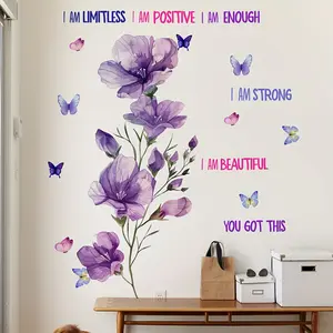 A creative purple-themed flower and butterfly English inspirational wall sticker (30*60cm) for decorating and beautifying the background of living rooms and bedrooms (M18887-YC)