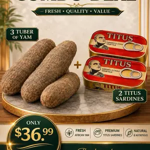 Ghana Fresh Yam - Sweet Tuber & Root Staple Food from Ghana - Perfect for Cooking, Frying, or even Roasting - Enhances Flavor & Texture - Essential Ghanaian Cuisine.   3 Tubers of Yam plus free 2 Titus Sardine