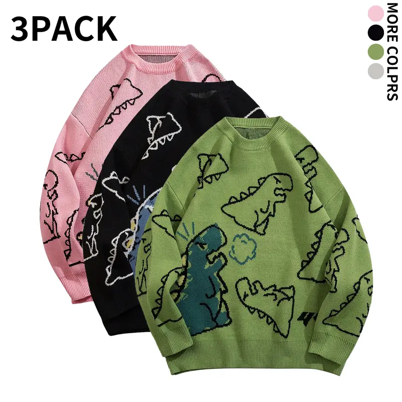 Men's Stylish Cartoon Dinosaur Jacquard Knit Sweater - Long Sleeve, Soft Warm Knit Fabric, Relaxed Loose Fit, Cute Graphic Pullover for Adult Men, Great for Casual Hangouts, Weekend Trips & Daily Street Style Outings
