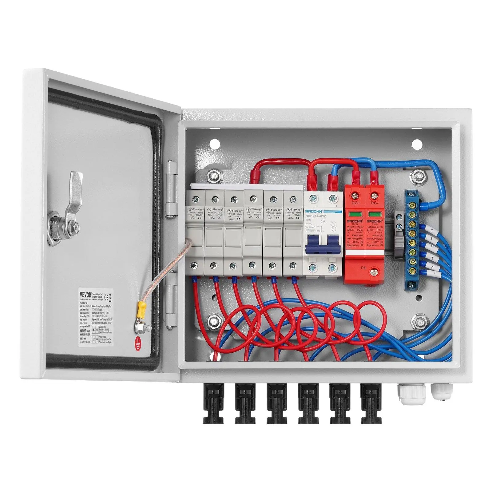 PV Combiner Box, 6 String, Solar Combiner Box with 10A Rated Current Fuse 63A Circuit Breaker Lightning Arrester and Solar Connector, Steel Case for On / Off Grid Solar Panel System, IP65