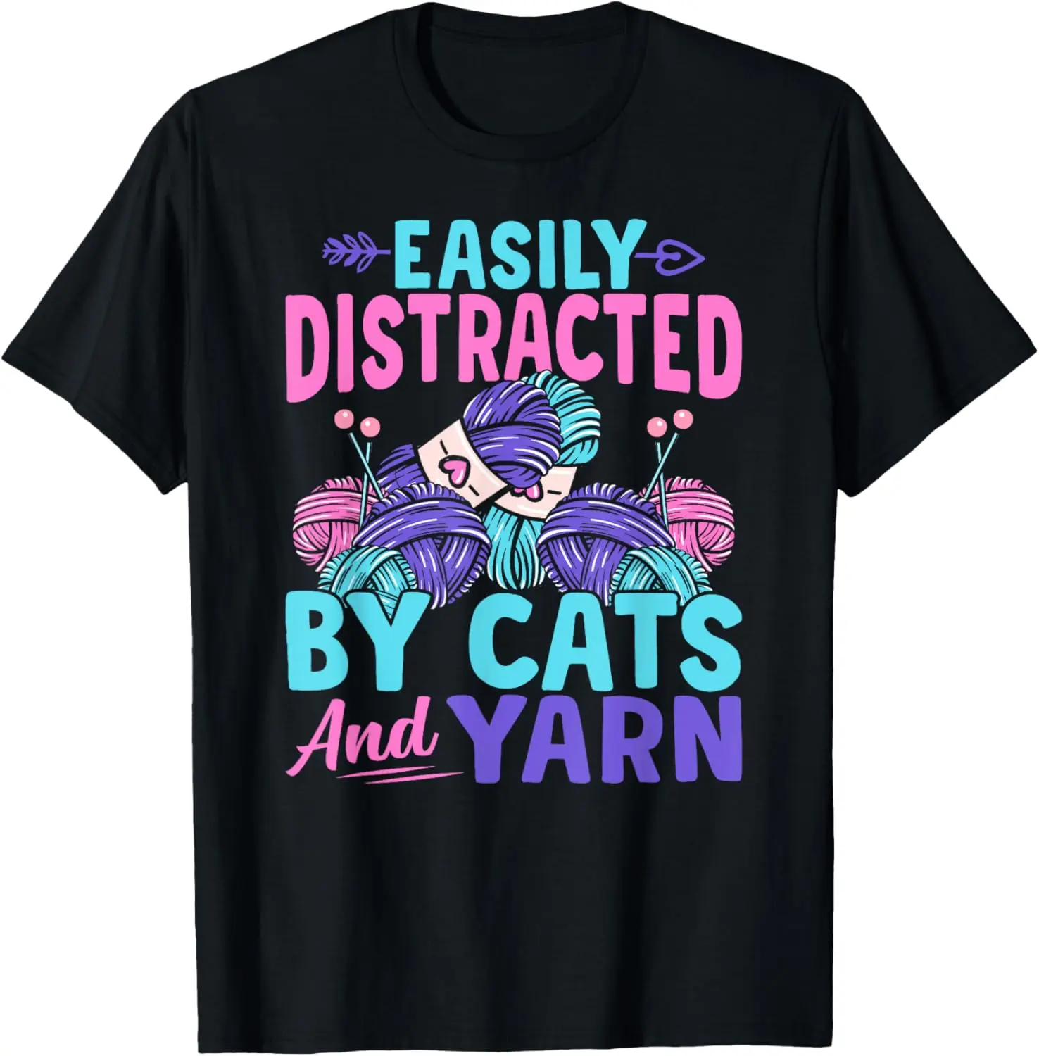 Vintage Distressed Graphic T-Shirt for Crafters, Unisex 100% Cotton Round Neck Short Sleeve Funny Cat and Yarn Design, Tops, Shortsleeve, Whimsical, Unisex Cut, Casual, Distressed Look