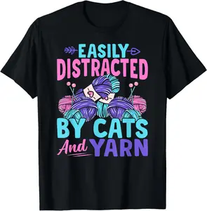 100% Cotton Unisex Distracted By Cats Yarn Crocheter Crochet Knitting Crafter T-Shirt