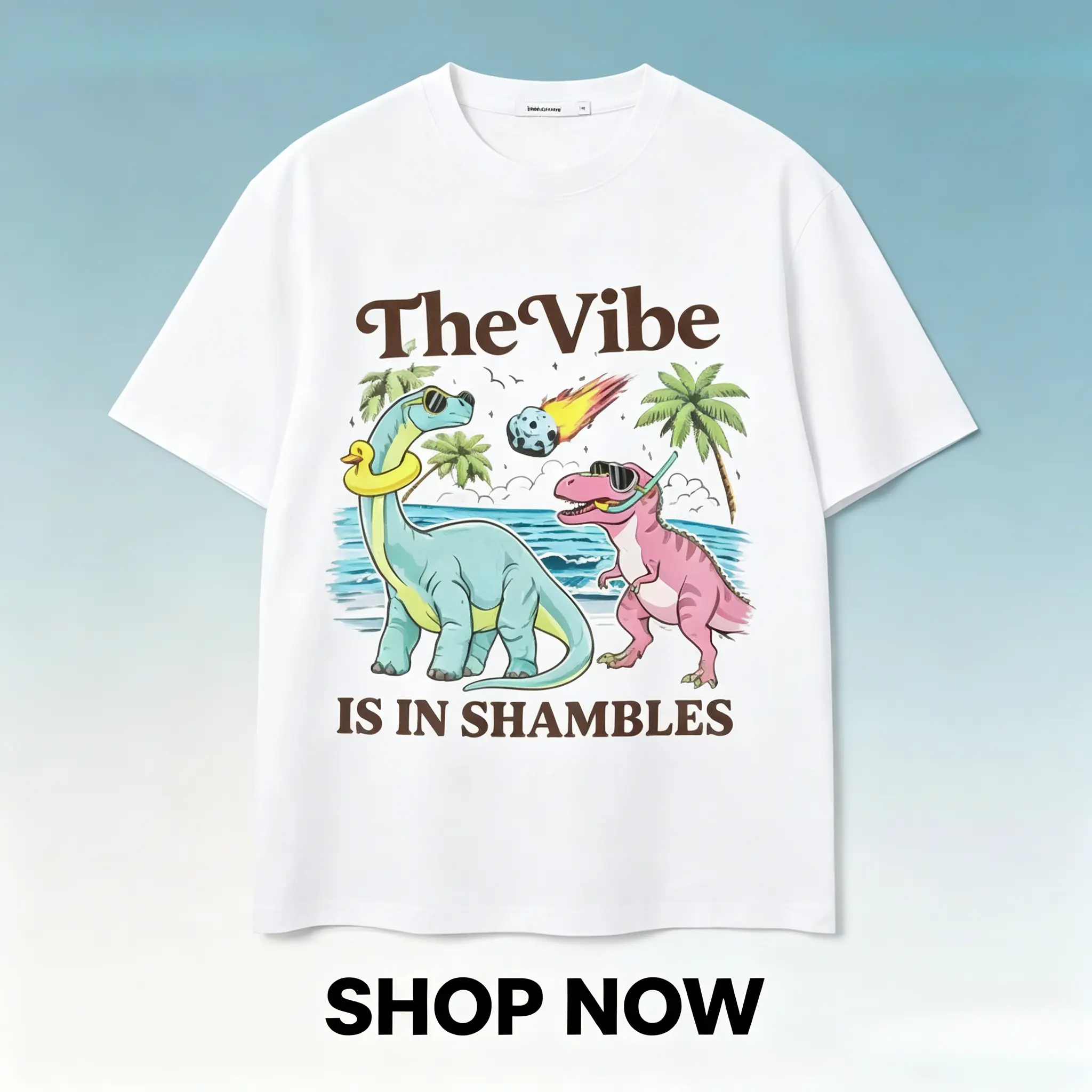 Women's Oversized Short-Sleeve Cotton Comfy Printed Dinosaur Mental Health T-Shirt - "The Vibe Is In Shambles" Cute Graphic Tee, Relatable Introvert Gift
