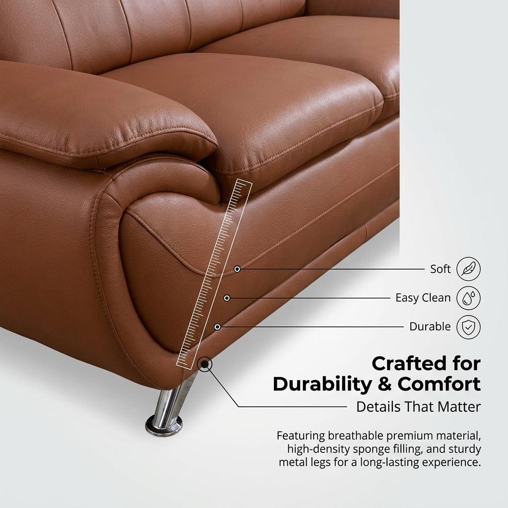 3-Piece Bright Bronze PU Leather Sofa Set, Indoor Living Room Furniture Couch