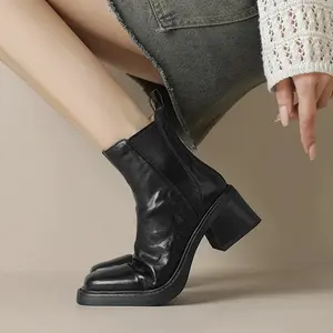 Women'S Slip-On Chunky platform ankle boots - Slip-resistant Rubber Sole, Cushioned Insole - PU Synthetic Cover - Elegant Square Toe Black