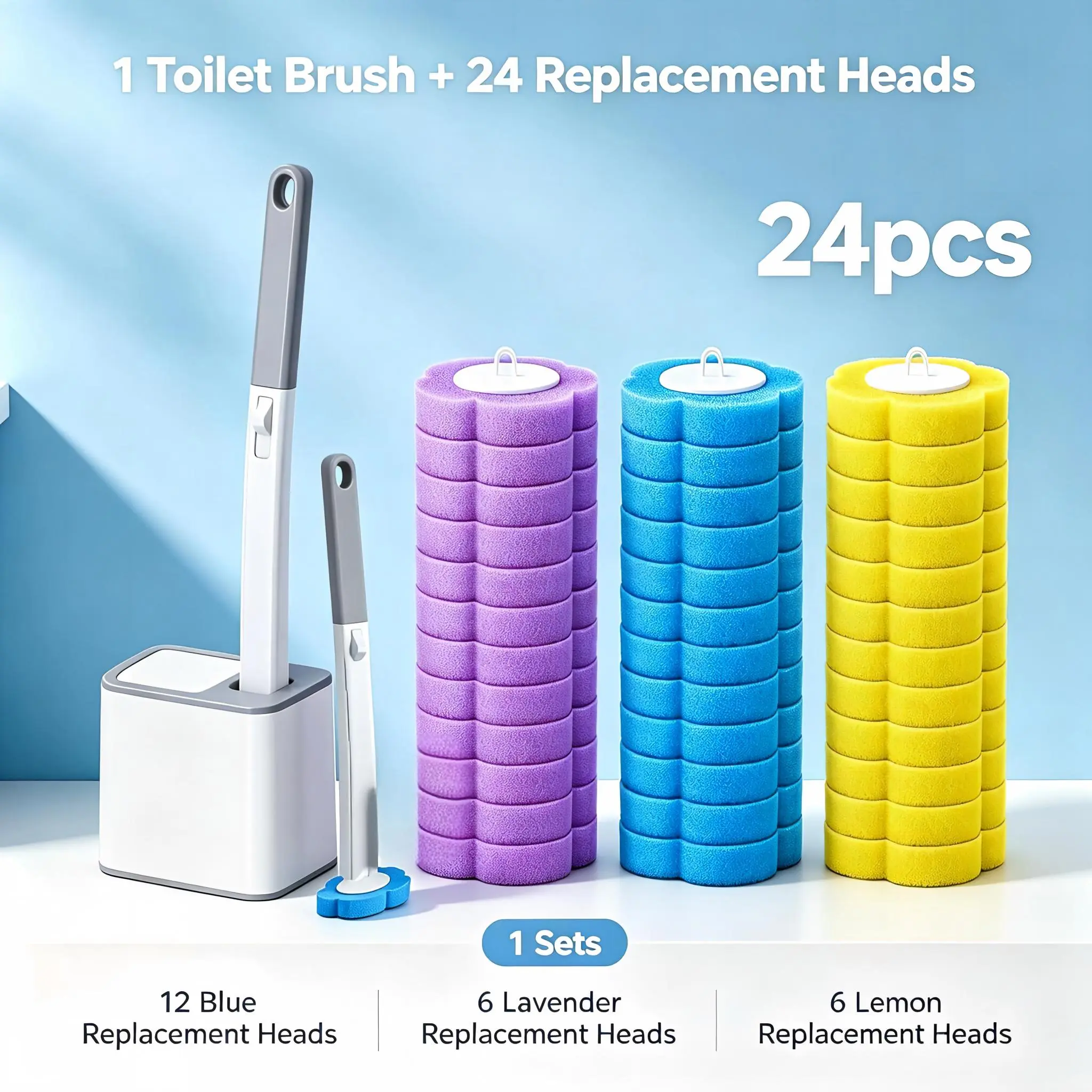 Disposable Toilet Brush and Holder Set, Extended Handle with 72 Cleaner Refills Toilet Brush for Toilet Bowl Cleaners, Bathroom Cleaning, Bathtub Compact Brush Head, Easy Maintenance Use