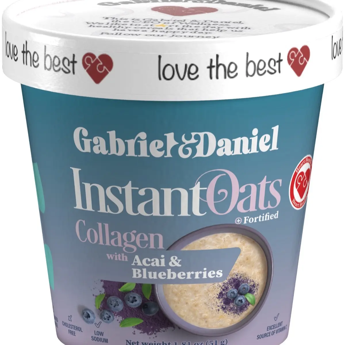 Gabriel & Daniel açaí, blueberries and collagen gluten free, organic, Non-GMO instant microwave oatmeal. Packed with antioxidants and collagen. Perfect for  busy mornings or a quick snack! Ready in 1-2 minutes. Breakfast Food