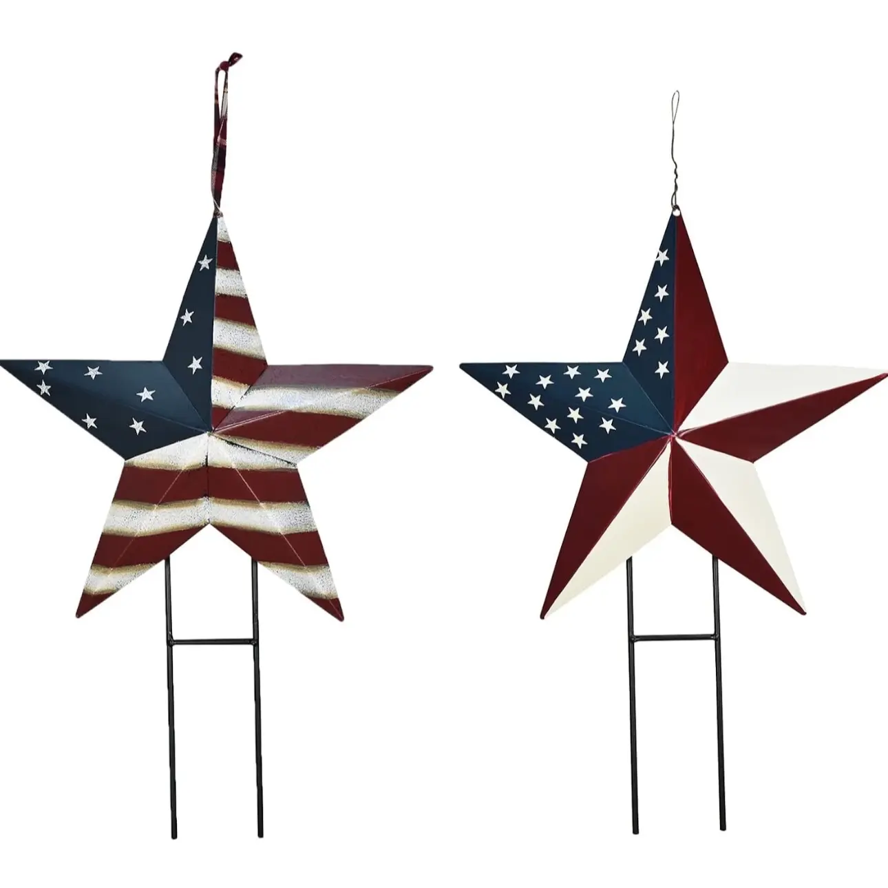 Metal Barn Stars Garden Stake Hanging Star Ornament American Flag Yard Sign USA Lawn Decoration Indoor Outdoor Patriotic Decor for July 4th Independence Day Memorial Day Party