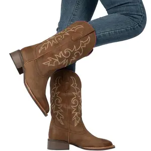 J's.o.l.e Women's Retro Embroidered Western Cowboy Boots - Square Toe, Wide Mid Calf, Soft PU Leather, Rubber Sole, All Seasons Fashion Walking Footwear, Brown, Botas Vaqueras Para Mujeres,summervibes kitten heel outdoorfun