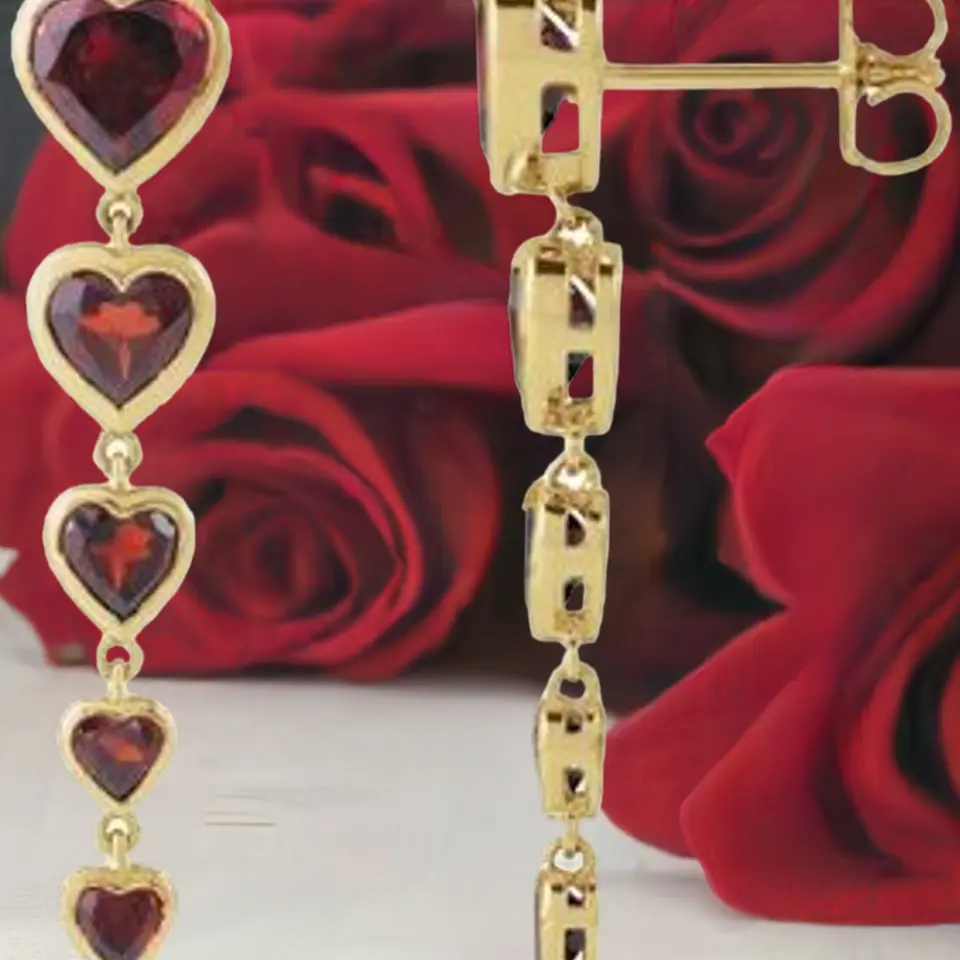 14K YELLOW GOLD  MOZAMBIQUE NATURAL GARNET HEART EARRINGS