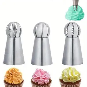 3PCS Cupcake Stainless Steel Sphere Ball Shape Icing Piping Nozzles Pastry Cream Tips Flower Torch Pastry Tube Pastry Decorating Tools Beginner Piping Tips