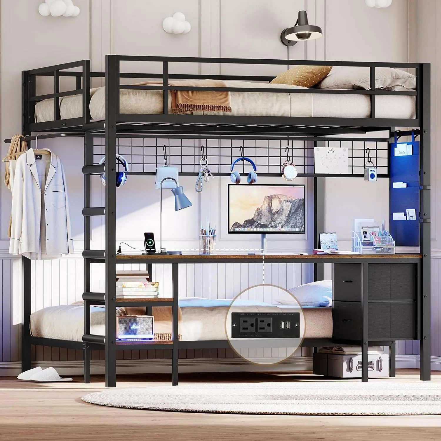 Full Size Over Twin Bunk Loft Bed Frame with Desk and Charging Station Black
