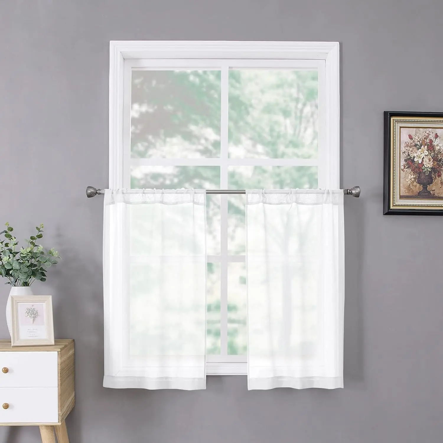 Short Sheer Tier Curtains Linen Textured Half Kitchen Curtain Sheers Light Filtering Rod Pocket Voile Small Curtain for Bathroom, 25 x 24 inches Long, White, Set of 2 Panels