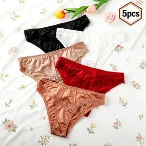 Women Seamless Panties with Floral Lace, Soft Silky Stretch Design, Low Waist Comfort Thong, 5 Pieces Lingerie Set
