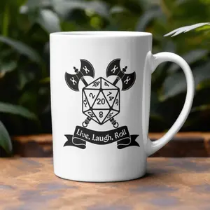 Live Laugh Roll Mug, D20 Dice Coffee Cup, Tabletop RPG Gamer Gift, Dungeons and Dragons Mug, Fantasy Dice Gaming Cup, DM Gift Idea