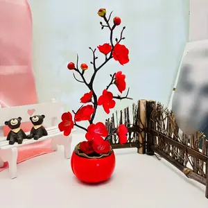 Festive Red Plum Blossom in Red Vase - Perfect for Valentine's Day Decor