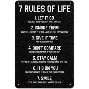 7 Rules of Life Motivational Sign 8x12 Inch Aluminum Metal Wall Art for Home Office Classroom Bedroom Durable Inspirational Quote Decor - Tin