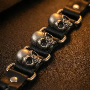 3pcs/set Gothic Punk Rock PU Leather Bracelet Set, Black, Stars and Skull Design, Wristband Collection for Women and Men