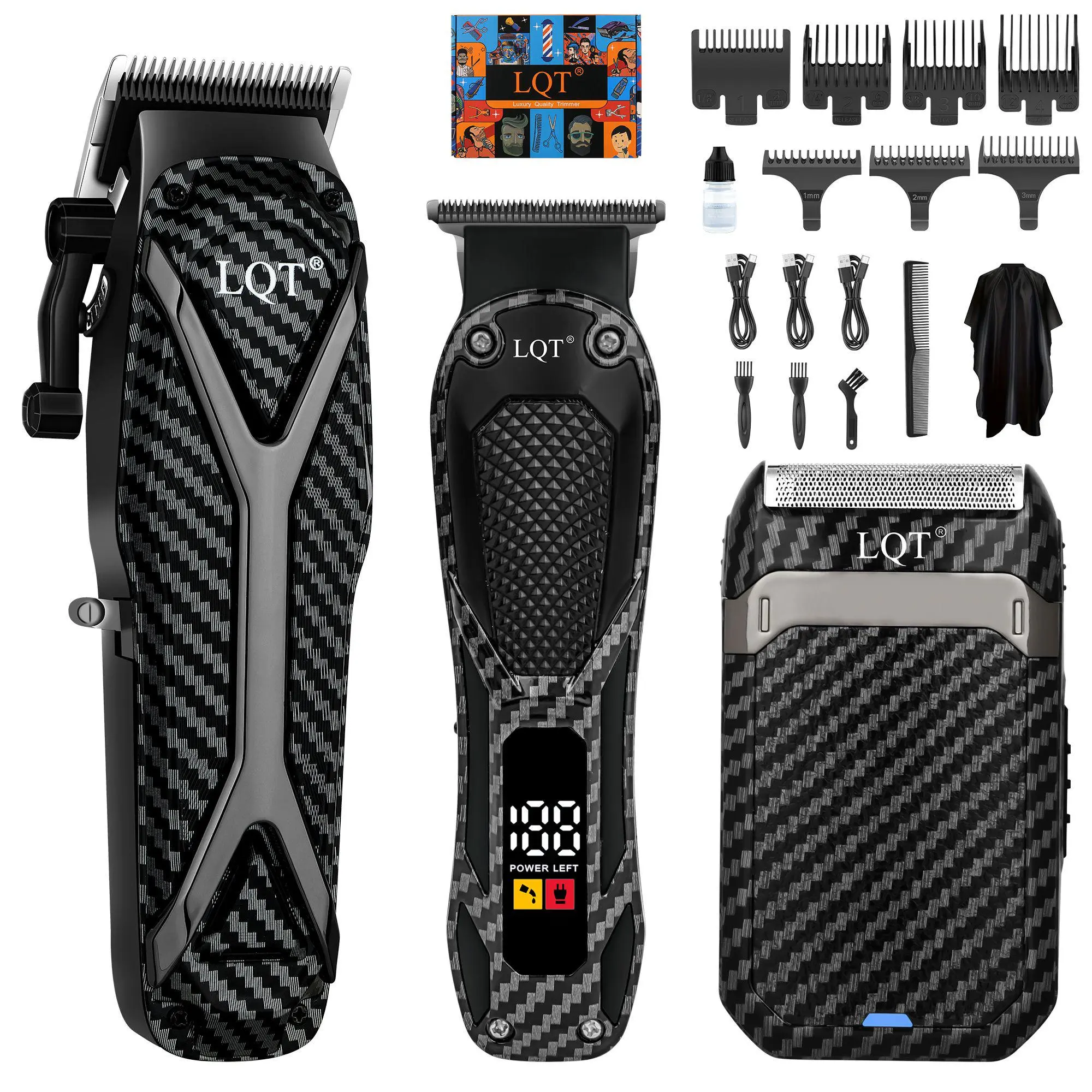 Carbon Fiber Hair Clipper Set by LQT, 3-in-1 Cordless Hair Clipper, Trimmer & Shaver, Rechargeable with All Accessories for Home Salon Use