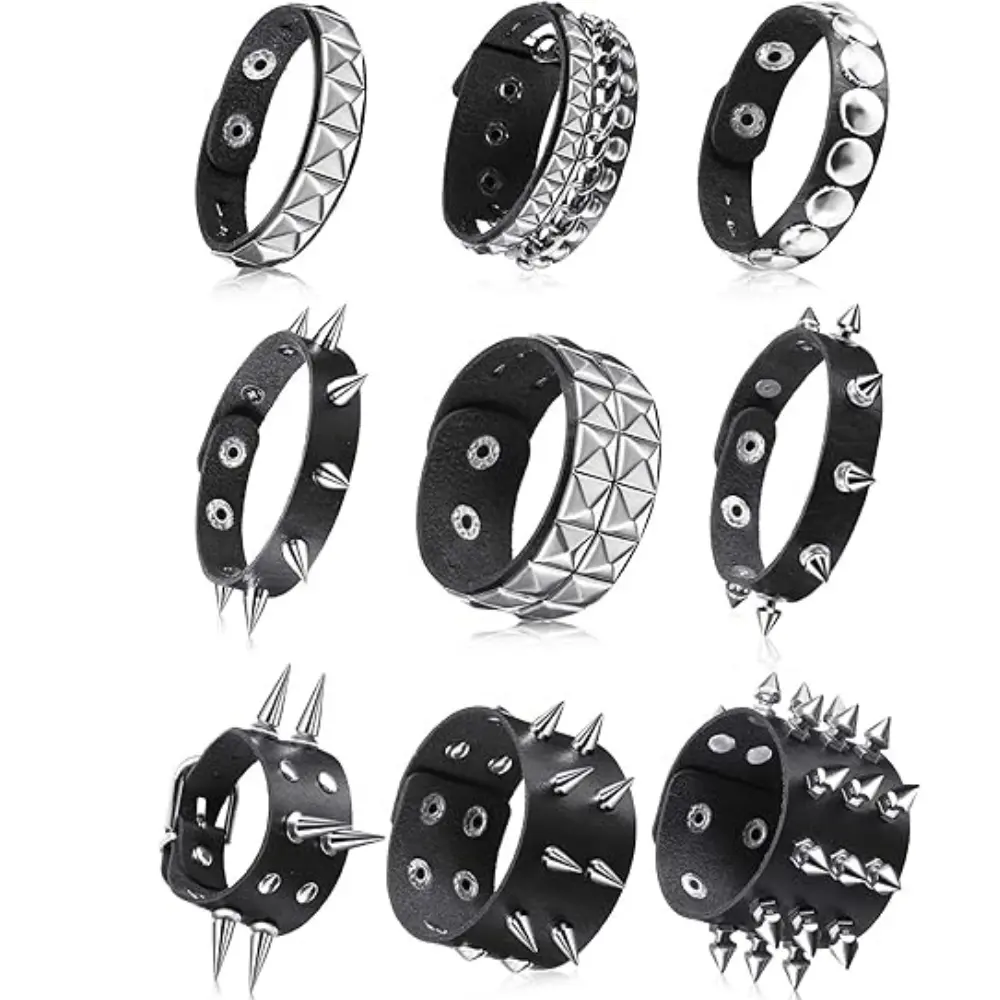 9pcs Spiked Studded PU Leather Stackable Bracelets - Punk Style Metal Wristbands with Rivet Accents, Adjustable Snap Buttons, Durable & Stylish for Men & Women, Casual Attire, Halloween Accessory, Graduation Gift, Stackable Bracelet