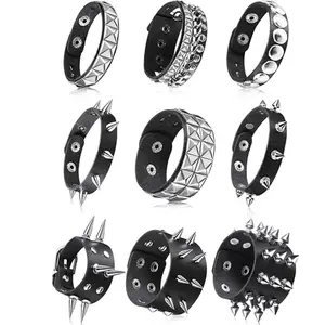 9pcs Spiked Studded PU Leather Bracelets, with Rivet Accents - Punk Style Metal Wristbands for Men & Women, Adjustable Snap Buttons, Durable & Stylish for Casual Attire, Halloween Accessory, Studded Detailing, Casual graduation gift