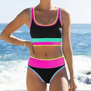New Women’s Beach Ball & Kayak Print Three-Piece Bikini Set| High Waisted Adjustable Wide Shoulder Straps Fluorescent Sporty Swimwear Protection For Summer Beach