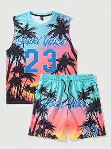 Men's Floral Print Tropical Tank Top & Shorts Loungewear, Regular Fit Casual Comfy Round Neck Sleeveless Top & Shorts PJ Set, Men's Sleepwear for All Seasons Shorts Sets