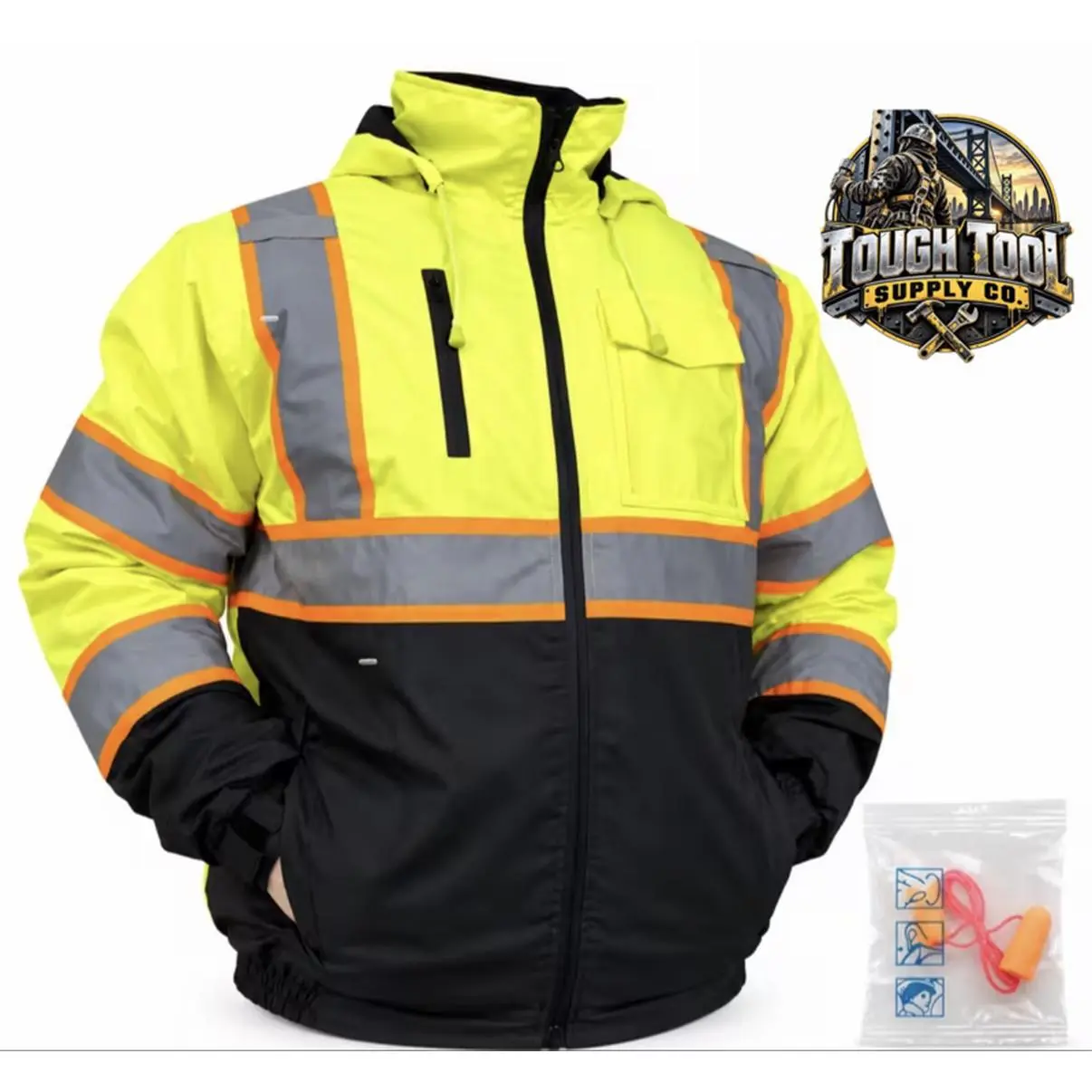 Tough Tool Supply Co. Waterproof Safety Bomber Quilt-Lined Jacket Winter Rain Jacket Hi Vis Reflective ANSI Class 3 Work Rain Coat with Ear Plug