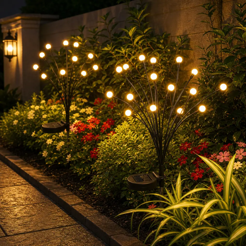 4/8-Pack Solar Firefly Garden Stake Lights - 4 Solar Lights with 32/64 LED, Swaying Warm White, 2 Lighting Modes, Waterproof Water Resistant Dusk-to-Dawn Garden Accessories for Patio sohochic