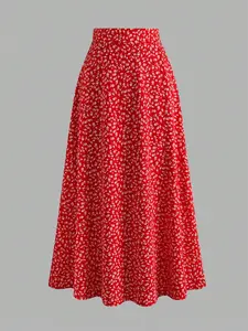 Women's Red Floral Print High-Waisted A-Line Maxi Skirt, Retro Boho Casual Flattering Flared Skirt, Spring/Summer Vacation & Date Sweet Bottoms