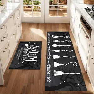 2Pcs Halloween Witch'S Broom Floor Mat Set Farmhouse Kitchen Rug Dining Room Flooring Laundry Room Decor Carpet Mat Decorative Rugs