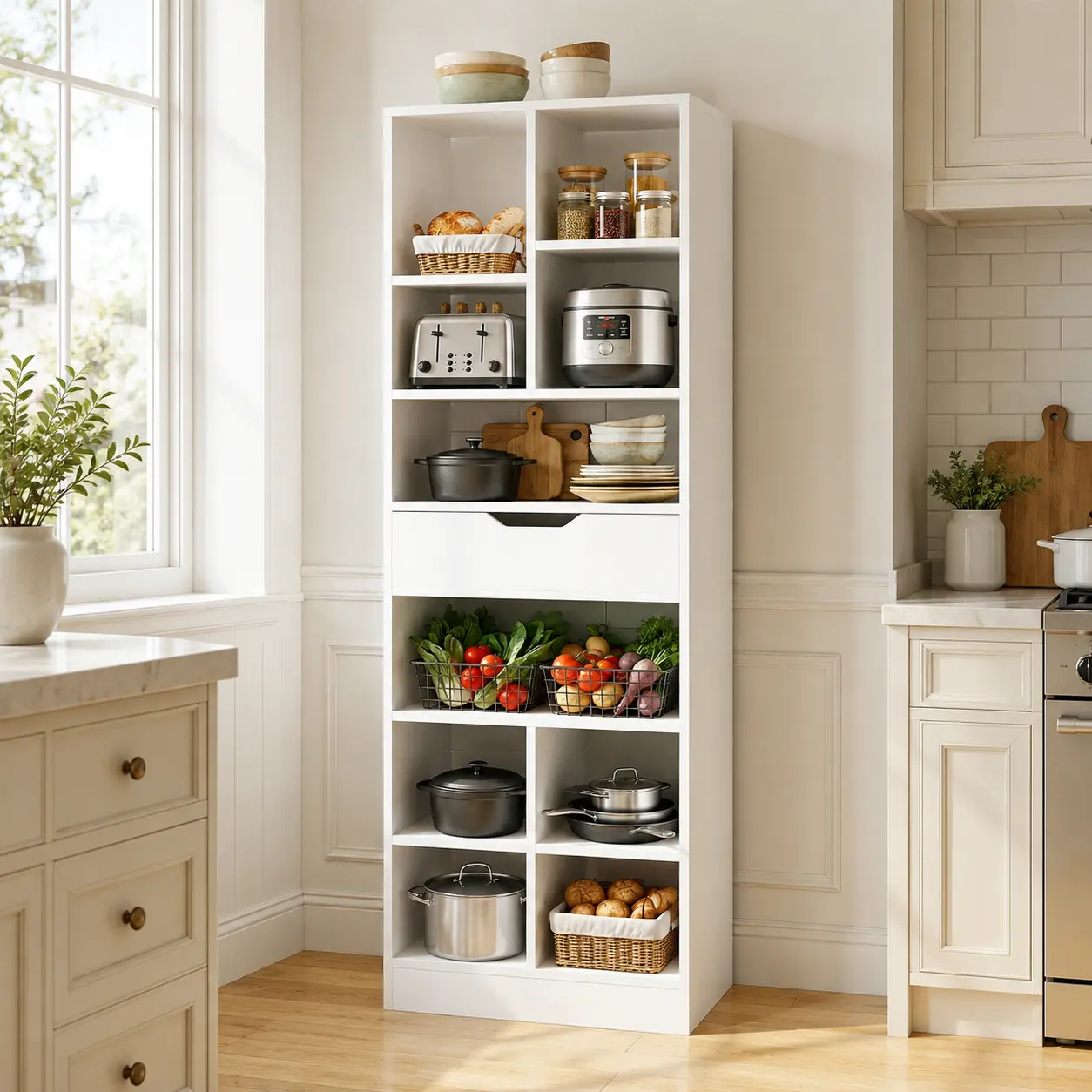 73"Tall Narrow Kitchen Pantry Storage Cabinet with 10-Tier Open Shelves, Corner Kitchen Racks with Wood Drawer,Multifunctional Storage Cabinet for Small Spaces,Bedroom,Living room