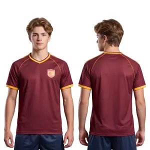 Men Maroon Geometric Print V-Neck Soccer Jersey with Gold Trim Casual Sport Football T-Shirt