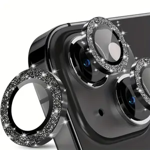 For iPhone 11/12/13/14/15/16 Pro Max Camera Lens Protector Set - Transparent Aluminum Alloy Ring with 9H Tempered Glass, Black