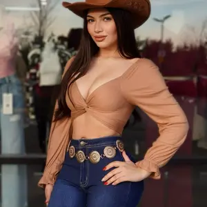 Cowgirl Chic Top - Deep V Neckline, Long Flared Sleeves, Ruched Design, Perfect for Western Outfits