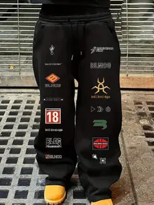 Blncg Multi-Label Print Wide Leg Sweatpants, American Street Style Loose Fit Sport Pants, Casual Geometric Pattern, Winter Wear, Letter Print Sweatpants