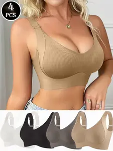 4pcs Women's Seamless Wireless Bras V-Neck Full Coverage Back Smoothing High Stretch Breathable Adjustable Straps Removable Pads Light Support Comfortable Everyday Bras for Yoga Daily Wear
