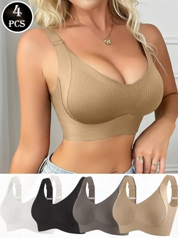 Women's 4-Pack Seamless Wireless Bras for Women, V-Neck, Full Coverage, Back Smoothing, High Stretch, Breathable, Adjustable Straps, Removable Pads, Light Support for Yoga & Daily Wear