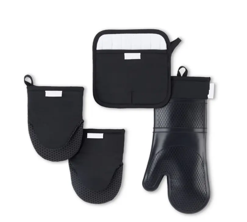 4-Piece Oven Mitt, Potholder & Mini Mitt Set, Black